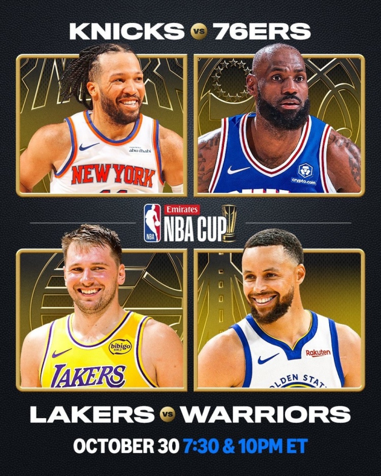 NBA杯小组赛10月31日开打 首日尼克斯对阵76人、湖人迎战勇士
