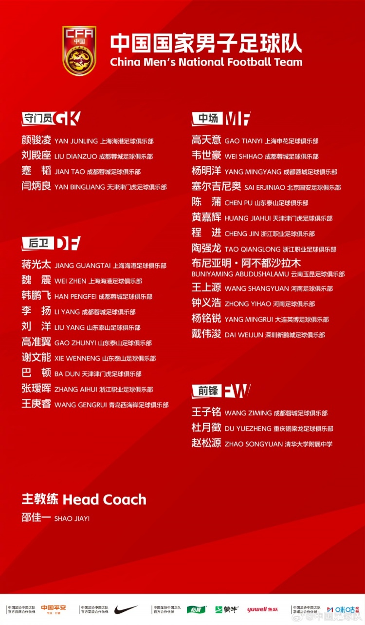 国足集训名单俱乐部分布：蓉城7将、泰山4人、国安申花各1人